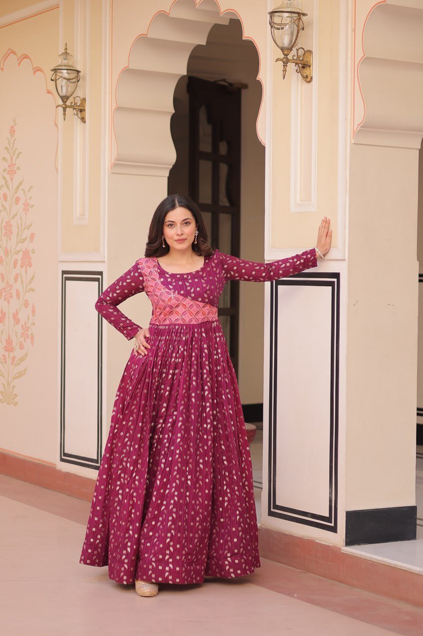 Women's Festive Berry Purple Printed Anarkali Gown with Intricate Zari Work & Embellished Yoke – Perfect for Traditional & Celebration Wear - Image 6